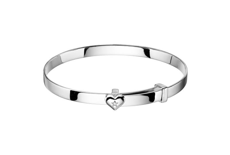 Silver Diamond Heart Christening Bangle