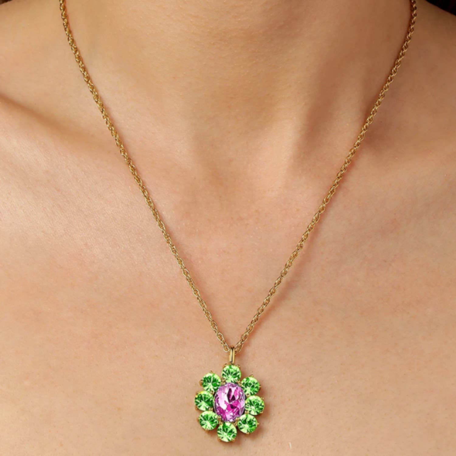 Claudia Yellow Gold Rose & Green Pendant Necklace