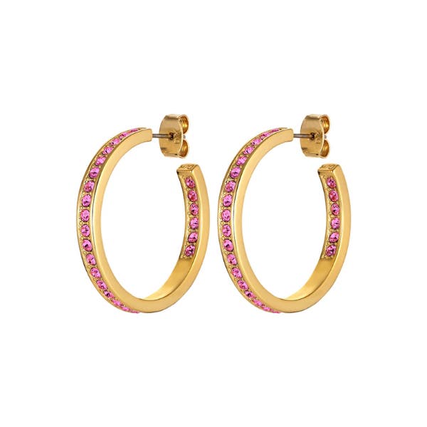 Dyrberg/ Kern Justina Gold Toned Brass Pink Crystal Large Hoops