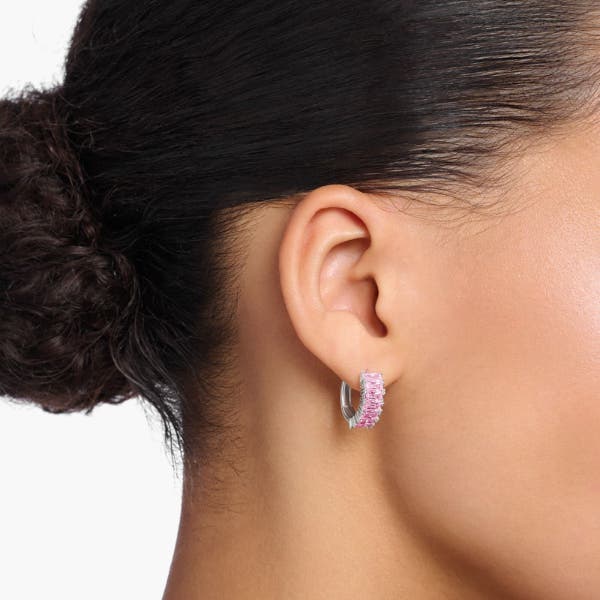 Pink Stone Sterling Silver Hoop Earrings