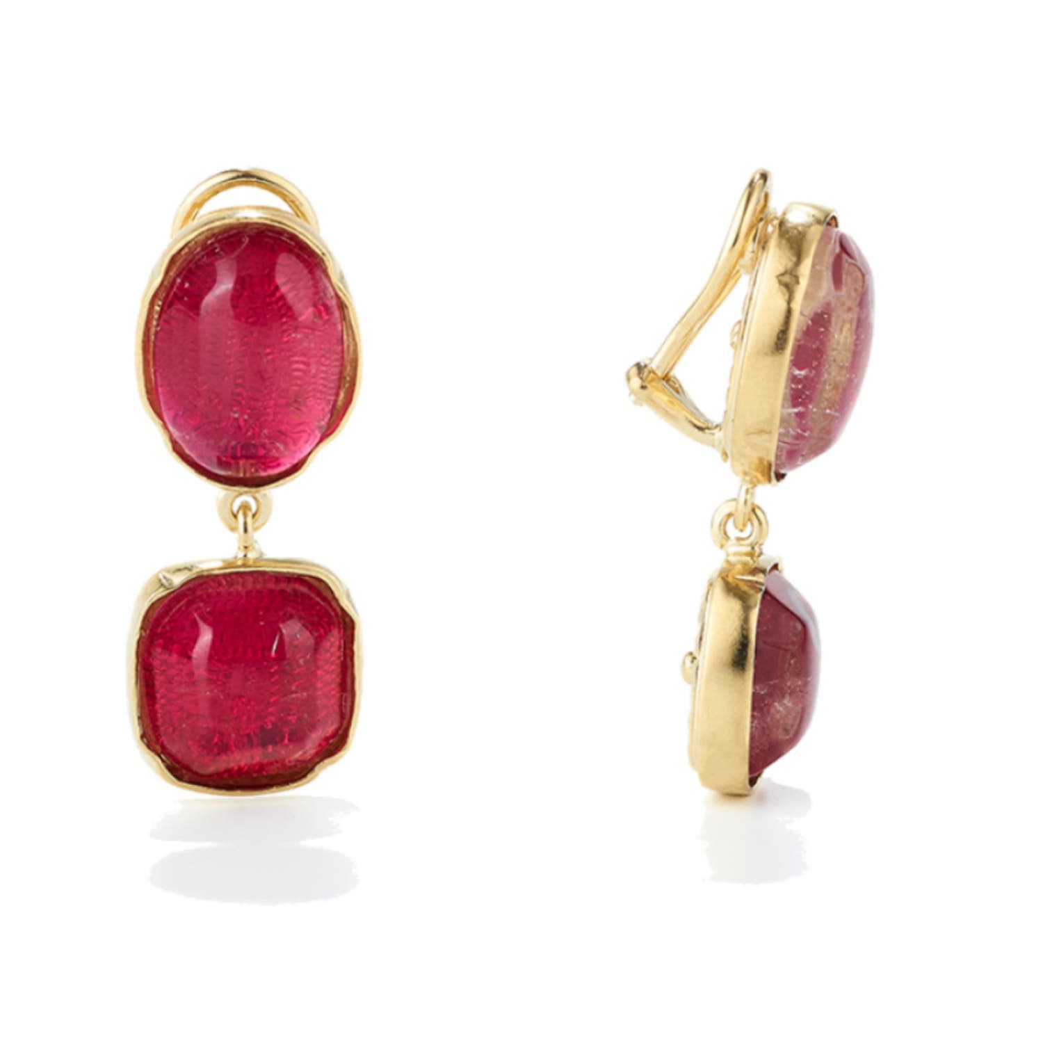 Cabochons Grenadine Rock Yellow Gold Plated Clip Drop Earrings