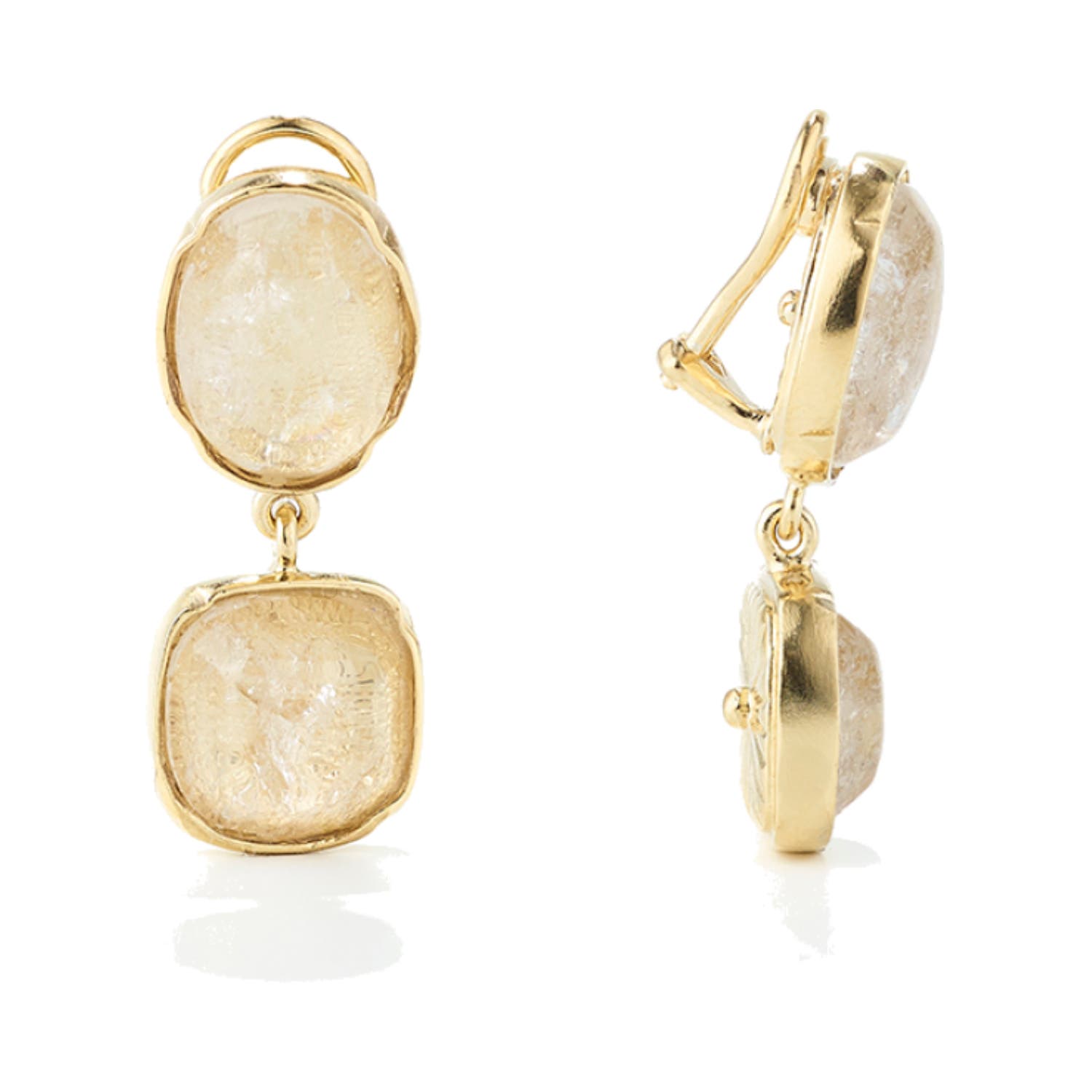 Cabochons Natural Rock Crystal Yellow Gold Plated Clip Drop Earrings