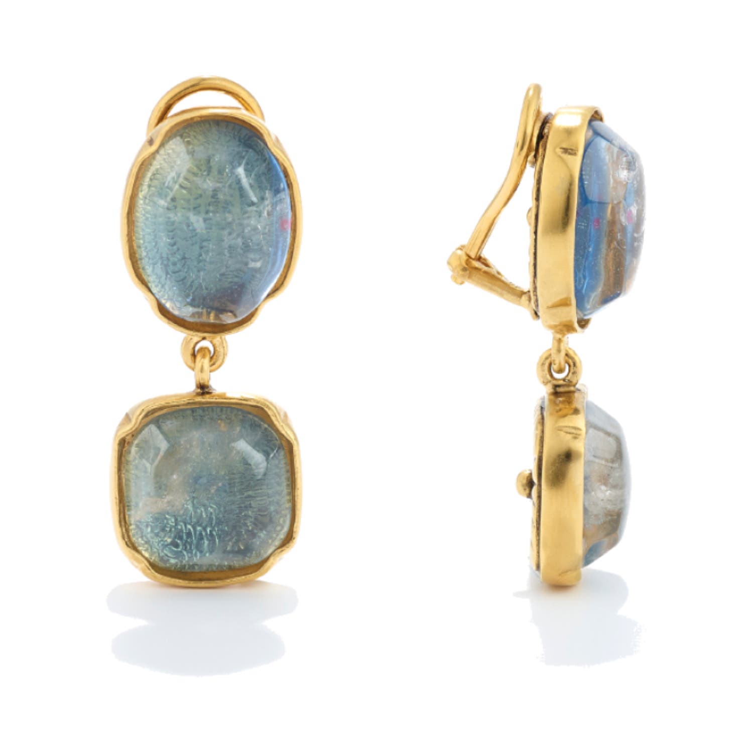 Cabochons Denim Blue Tinted Rock Crystal Yellow Gold Plated Clip Drop Earrings