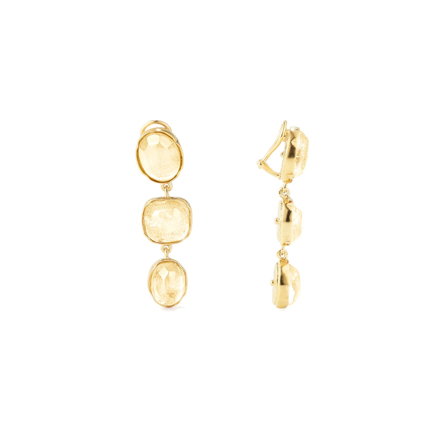 Cabochons Three Stone Rock Crystal Yellow Gold Plated Clip Drop Earrings