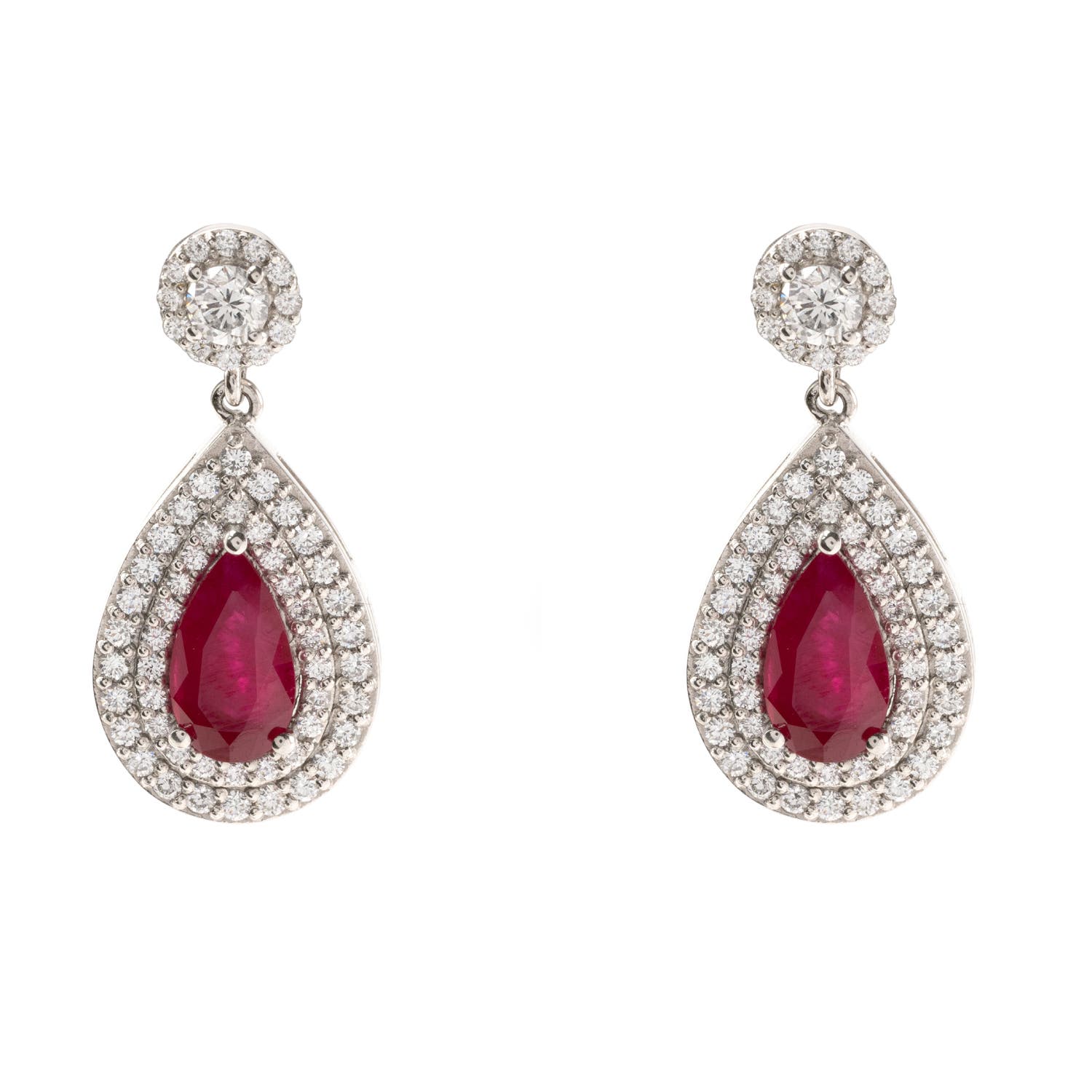 Weir Collection Platinum Ruby and Diamond Halo Drop Earrings. Image one