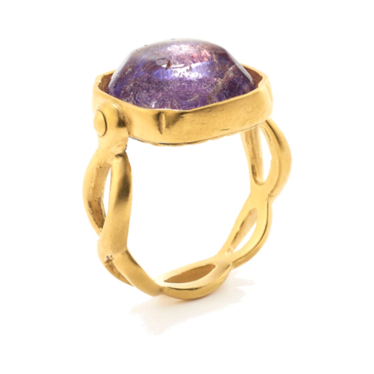 Goossens Cabochons Purple Tinted Rock Crystal Square Yellow Gold Plated Ring . Image one