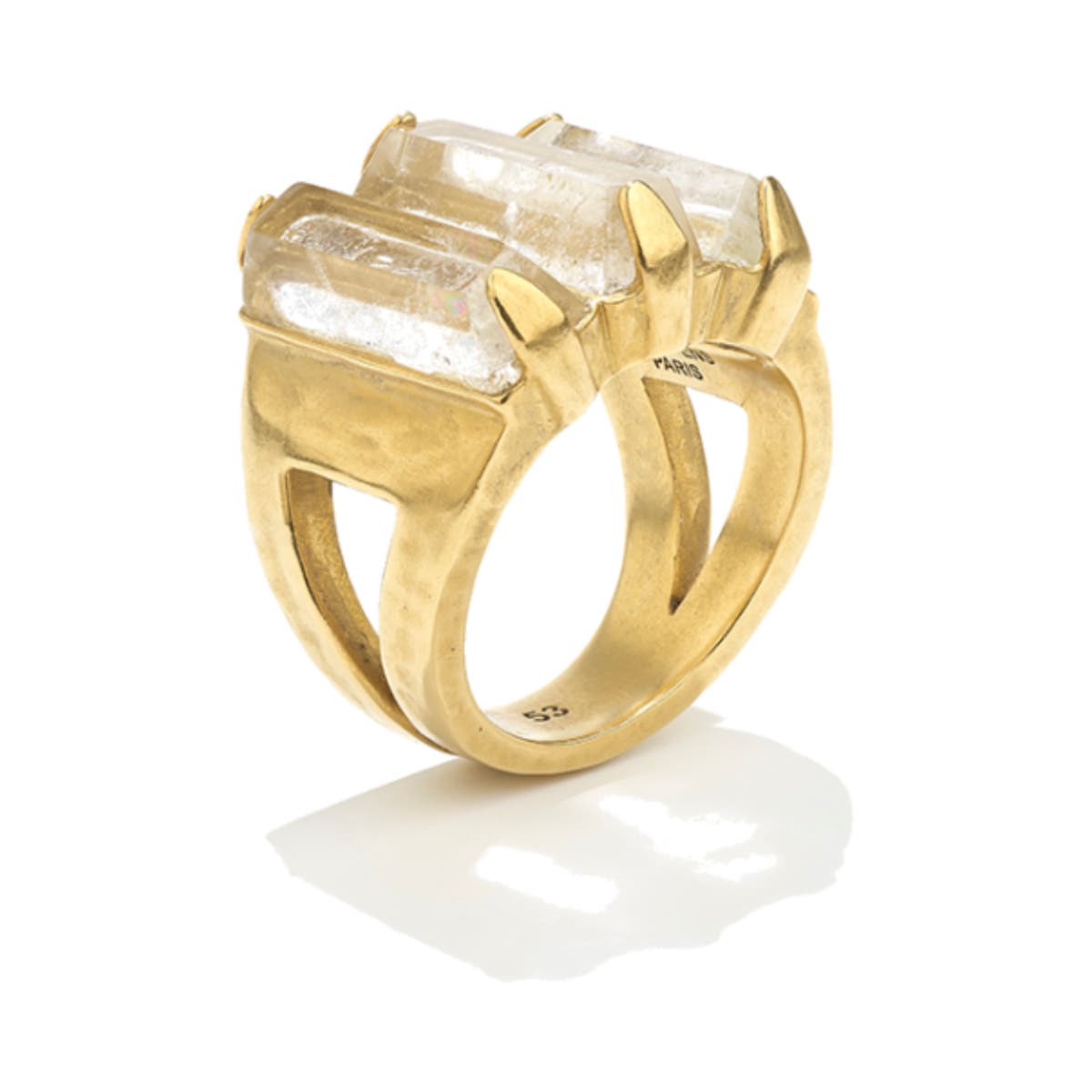 Goossens Stones Natural Rock Baguette Cut Three Rows Yellow Gold Plated Ring. Image one