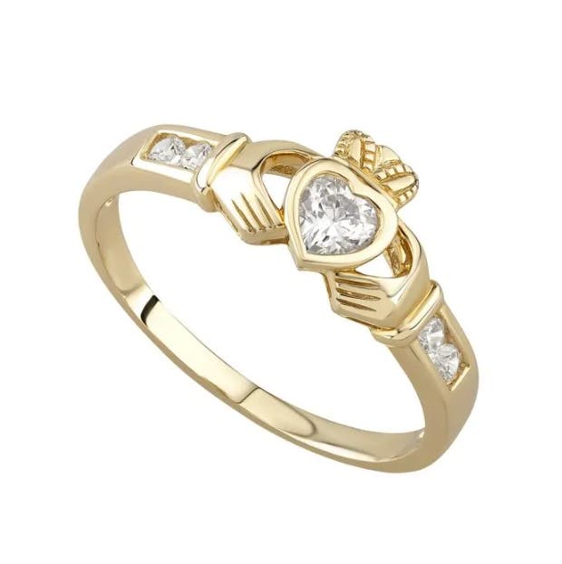 9k Yellow Gold Cubic Zirconia Claddagh Ring