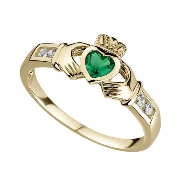 9k Yellow Gold Emerald & CZ Claddagh Ring