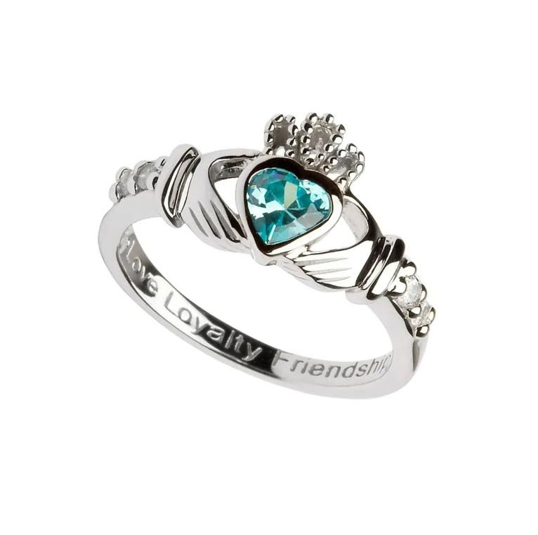 Sterling Silver March Birthstone Claddagh Ring