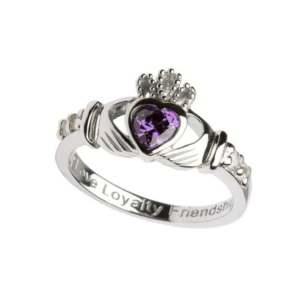 Sterling Silver February Claddagh Birthstone Ring