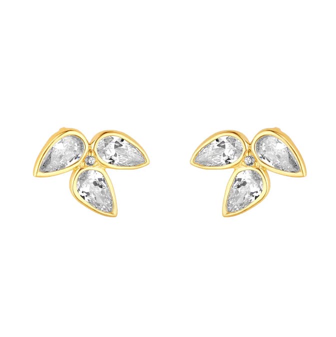 9k Yellow Gold Triple Pear Cubic Zirconia Cluster Stud Earrings