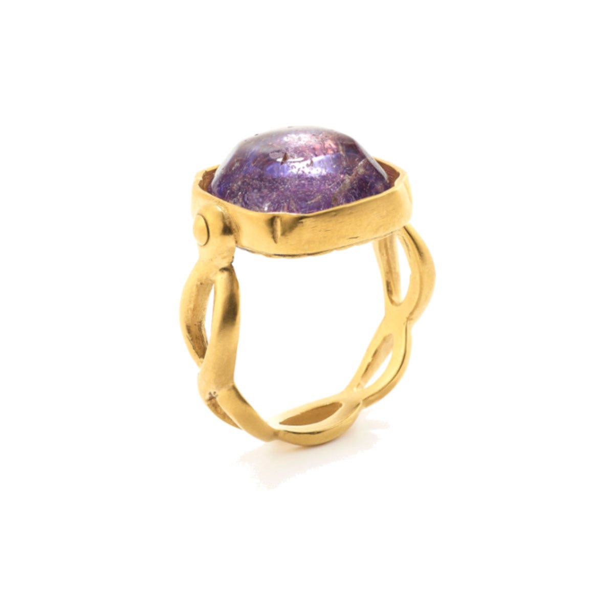 Goossens Cabochons Purple Tinted Rock Crystal Square Yellow Gold Plated Ring - Size 56