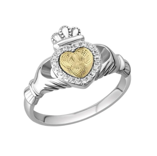 Solvar Sterling Silver & Yellow Gold Moving Gold Heart Claddagh Ring Size 7