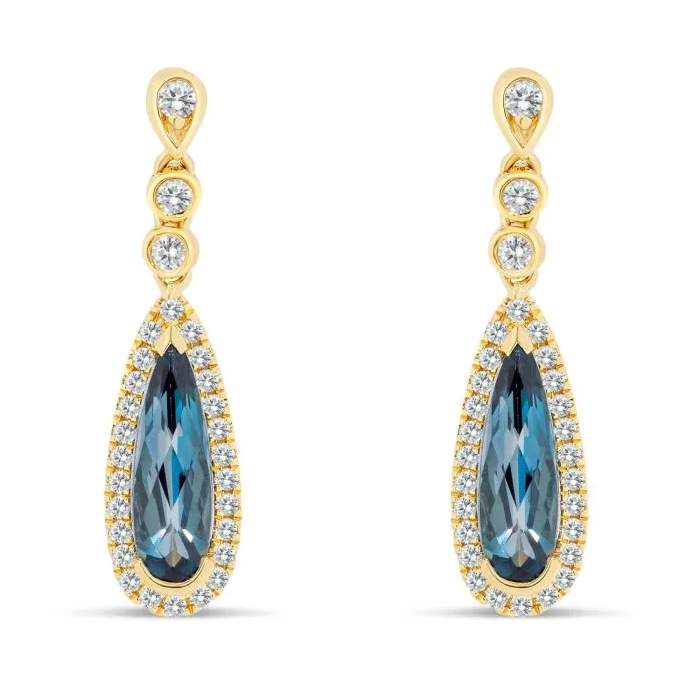 9k Yellow Gold Blue Topaz and Diamond Drop Earrings